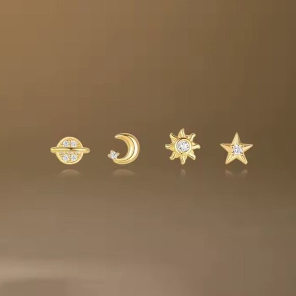 Bundle of 4! Stud Earring Set Celestial Gold CZ Star Moon Sun Planet Stacked Ear - Picture 3 of 6